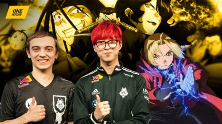 G2 Esports players Caps and Hans Sama and Fullmetal Alchemist: Brotherhood key visual