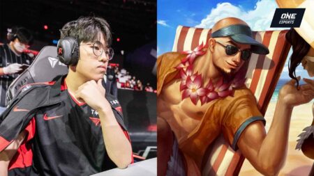 T1 Oner next to champion Lee Sin from League of Legends