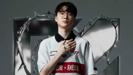 T1 Faker posing in his 10th Anniversary merch