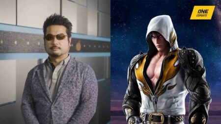 Katsuhiro Harada next to Tekken's Jin Kazama